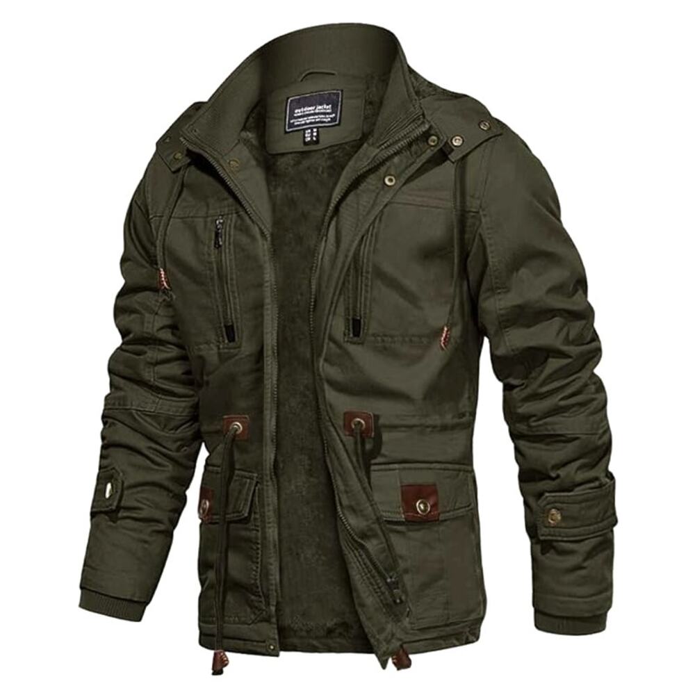 CRYSULLY Military Jacket Field Fleece Cargo Coat Green Removable Hood Sz L Men's